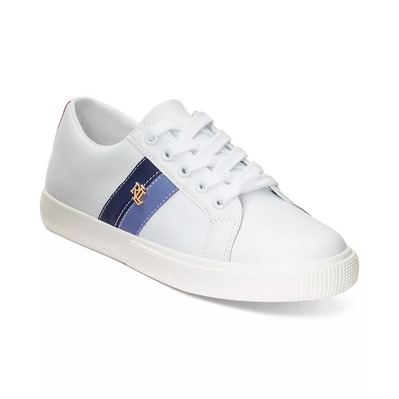 Lauren Ralph Lauren Janson II Leather Comfort Sneakers White/Blue Stripes 8.5 - Picture 1 of 10